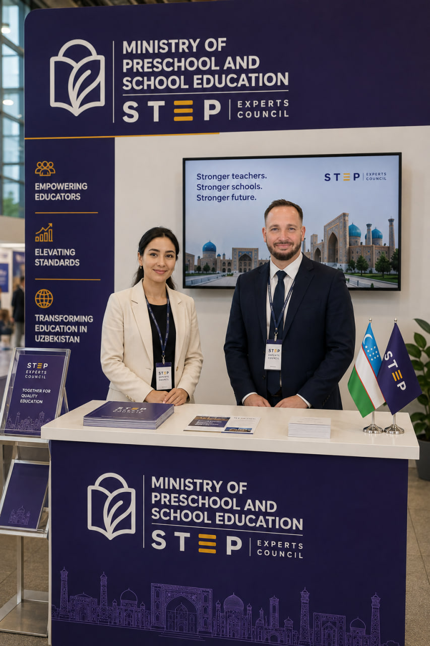 Experts Council booth with representatives and Uzbekistan branding
